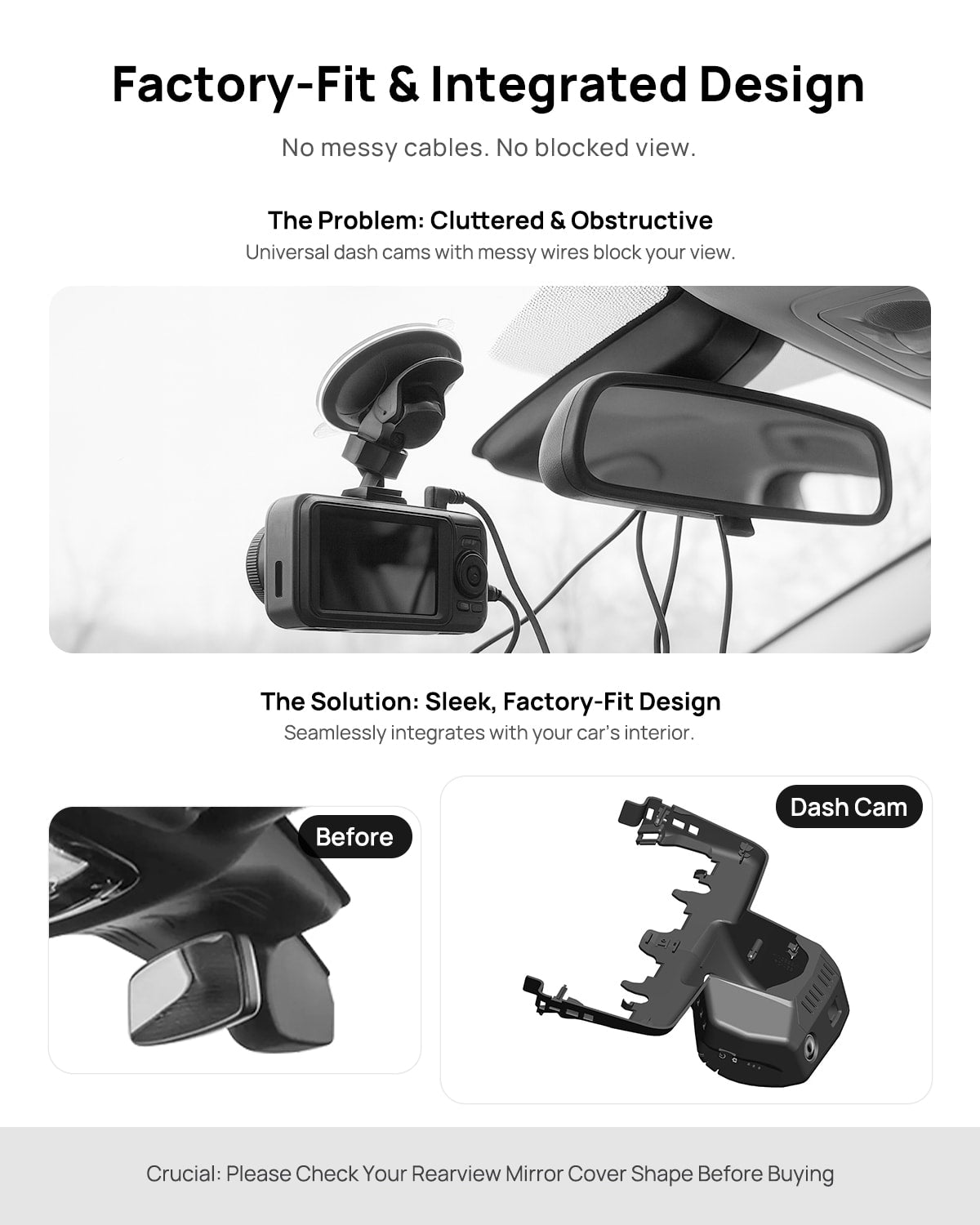 Before vs after installation on BMW 4 Series Coupe G22 2024 2025: integrated dash cam behind mirror cover for a cleaner, unobstructed view