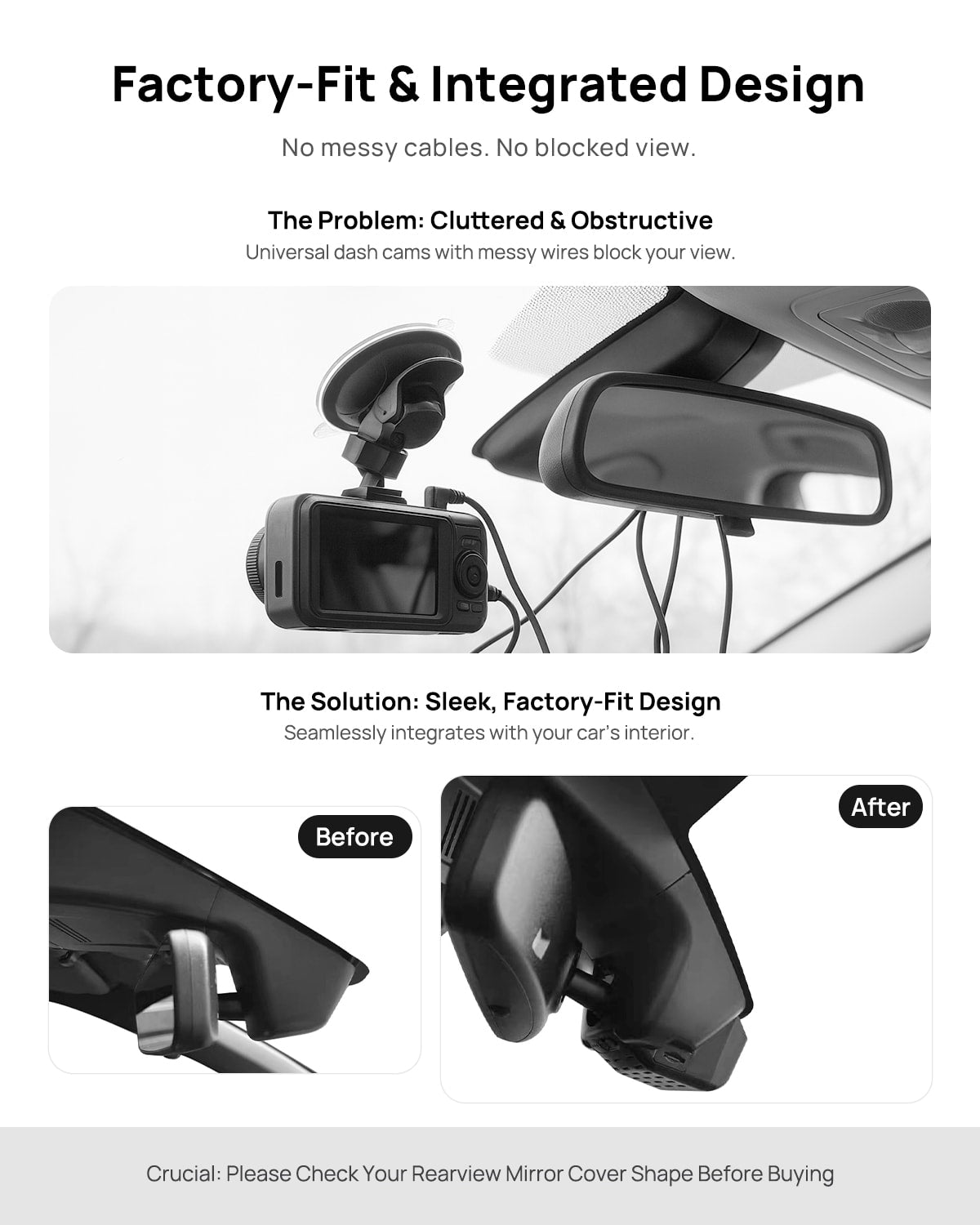 Before vs after installation on Honda CR-V 2023-2025(Black): integrated dash cam behind mirror cover for a cleaner, unobstructed view