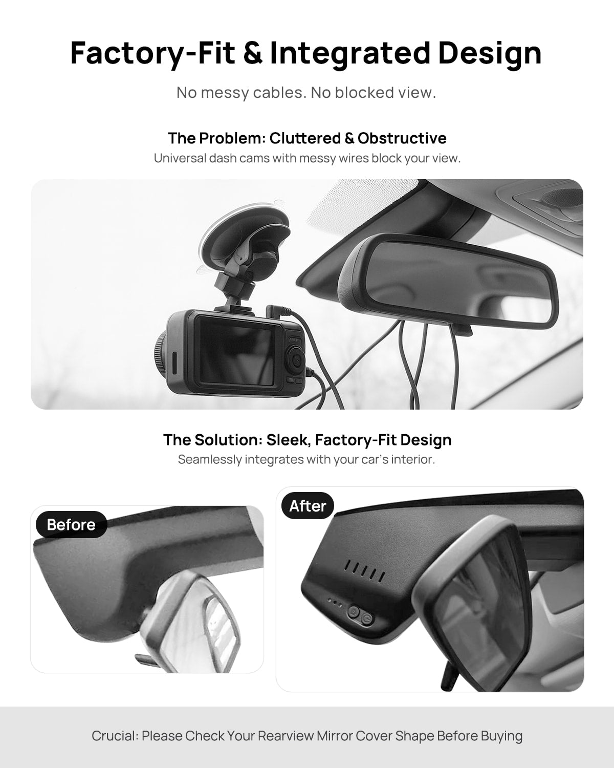Before vs after installation on BMW X5 G05 2019: integrated front & rear dash cam behind mirror cover for a cleaner, unobstructed view