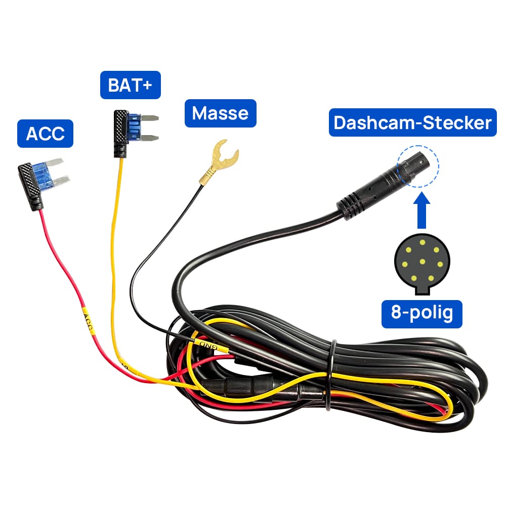 Hardwire-Kit für Dashcam mit ACC-, BAT+- und Masse-Anschluss sowie 8-poligem Dashcam-Stecker.