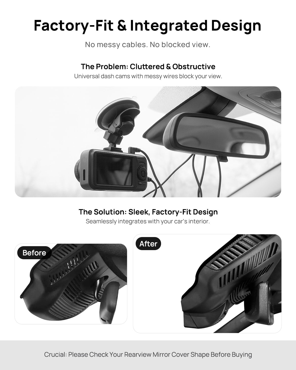 Before vs after installation on Mercedes-Benz AMG GLB35 GLB200 GLB220 X247 2020-2023: integrated front & rear dash cam behind mirror cover for a cleaner, unobstructed...
