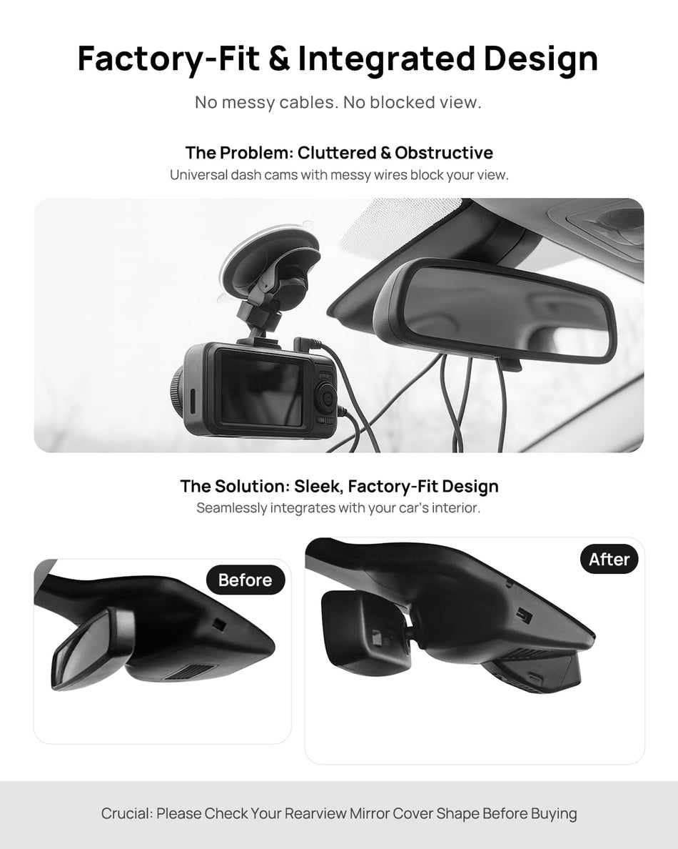 Before vs after installation on Ford Edge 2020: integrated front & rear dash cam behind mirror cover for a cleaner, unobstructed view