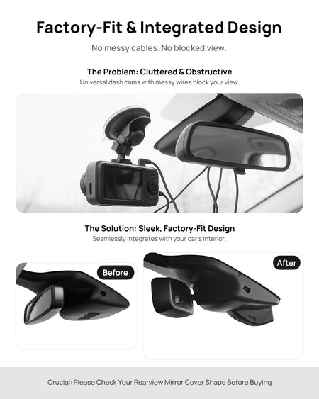 Before vs after installation on Ford Edge 2020: integrated dash cam behind mirror cover for a cleaner, unobstructed view