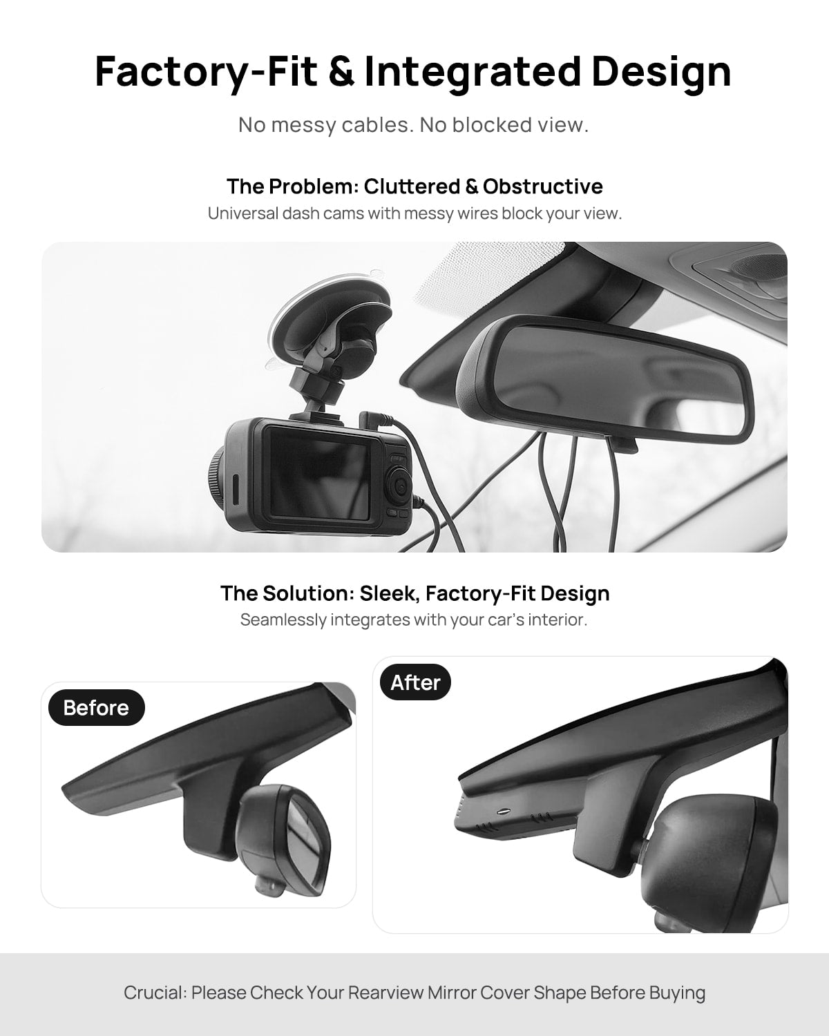 Before vs after installation on BMW i3 G28 2017-2020: integrated dash cam behind mirror cover for a cleaner, unobstructed view