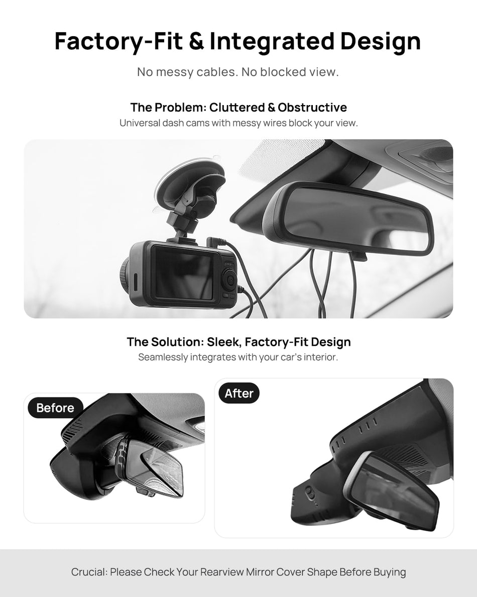 Before vs after installation on BMW MINI Cooper J01 2024: integrated dash cam behind mirror cover for a cleaner, unobstructed view