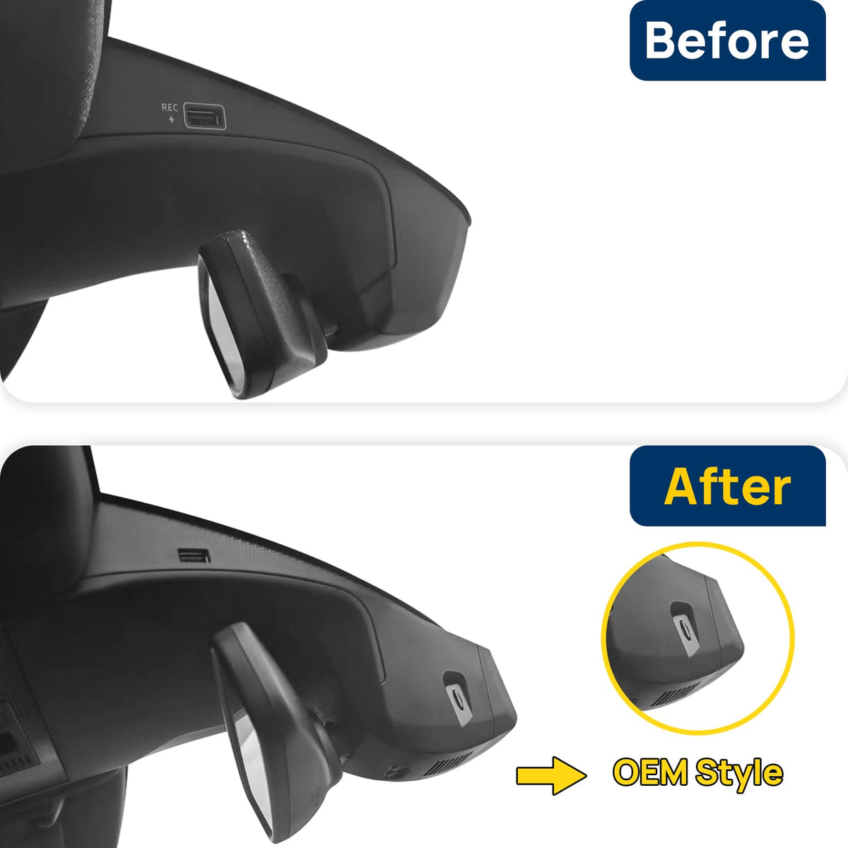 Vorher-Nachher Vergleich: Xplywi 4K Frontkamera Dashcam Kompatibel mit Volkswagen T-Roc 2017-2025, diskrete OEM-Installation