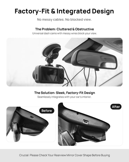 Before vs after installation on GAC AION S 2021-2026: integrated dash cam behind mirror cover for a cleaner, unobstructed view