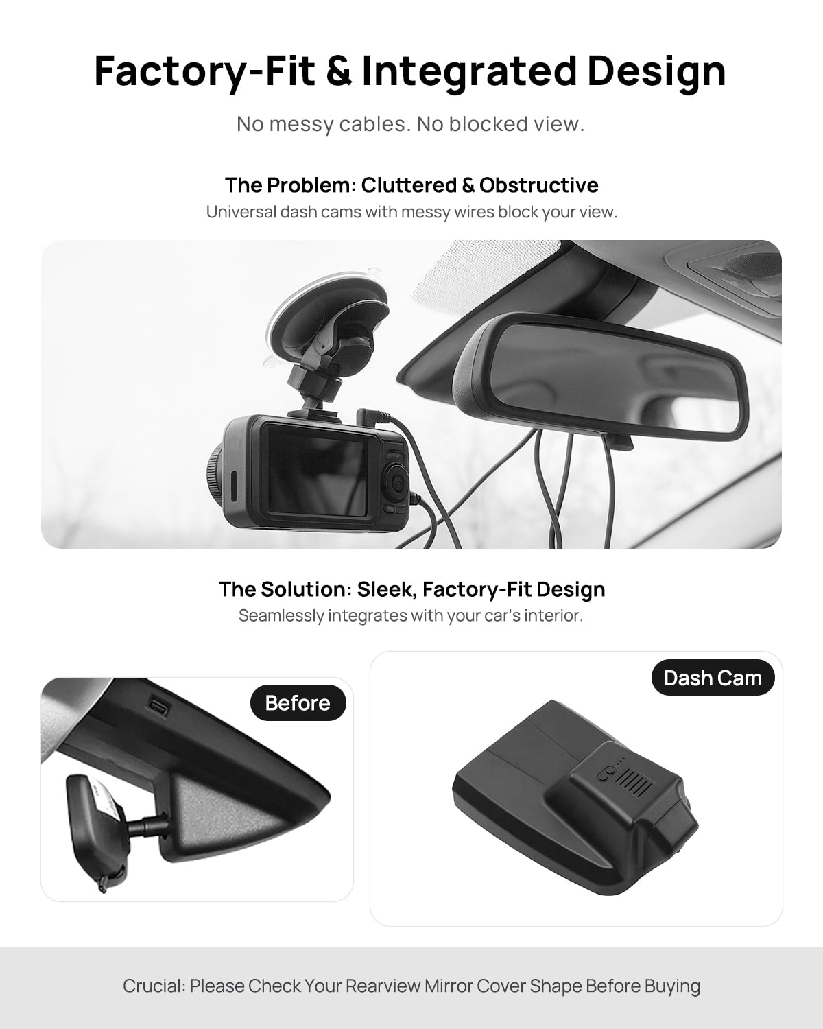 Before vs after installation on Ford Ranger 2023-2025: integrated dash cam behind mirror cover for a cleaner, unobstructed view