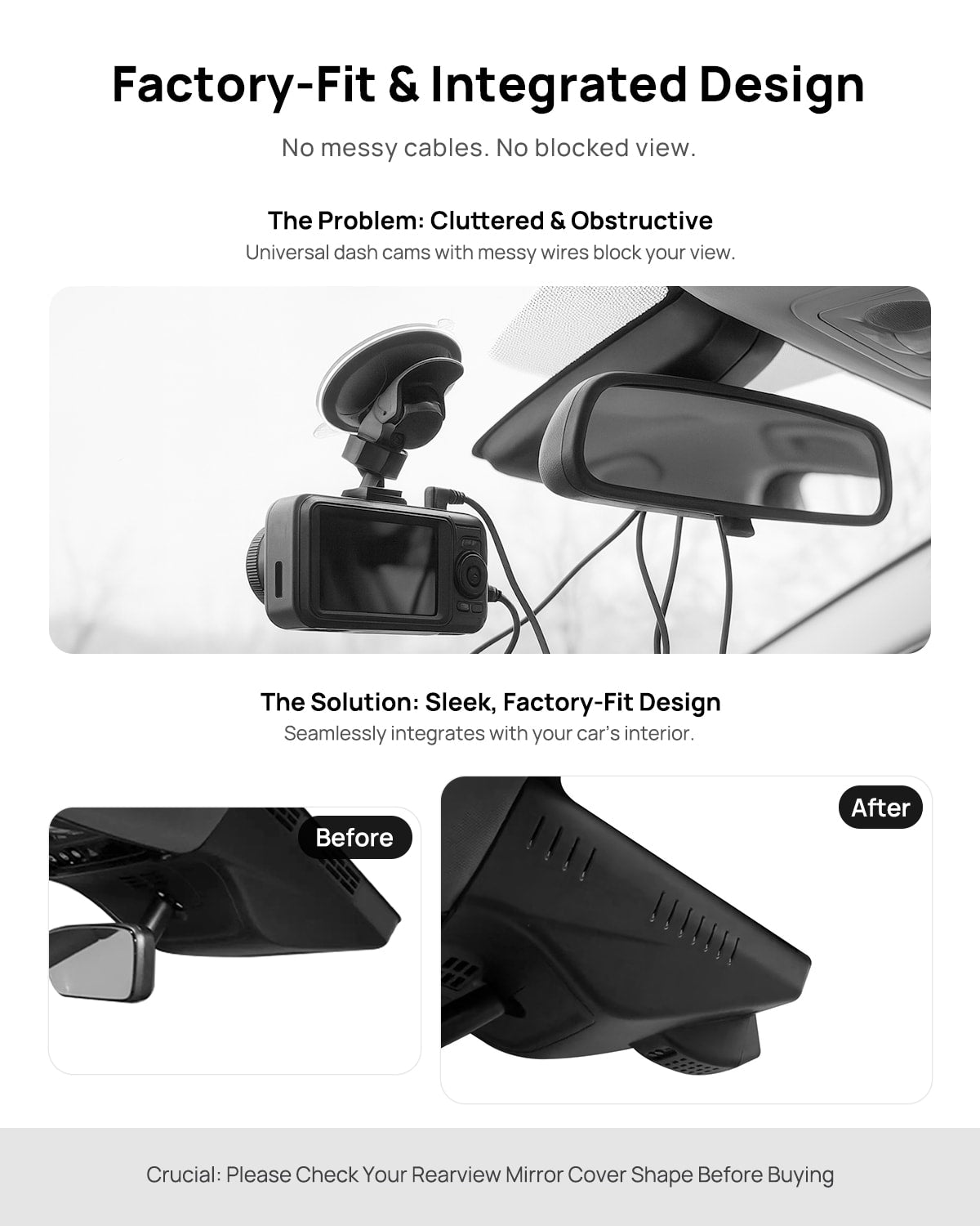Before vs after installation on Cadillac Optiq 2024: integrated front & rear dash cam behind mirror cover for a cleaner, unobstructed view