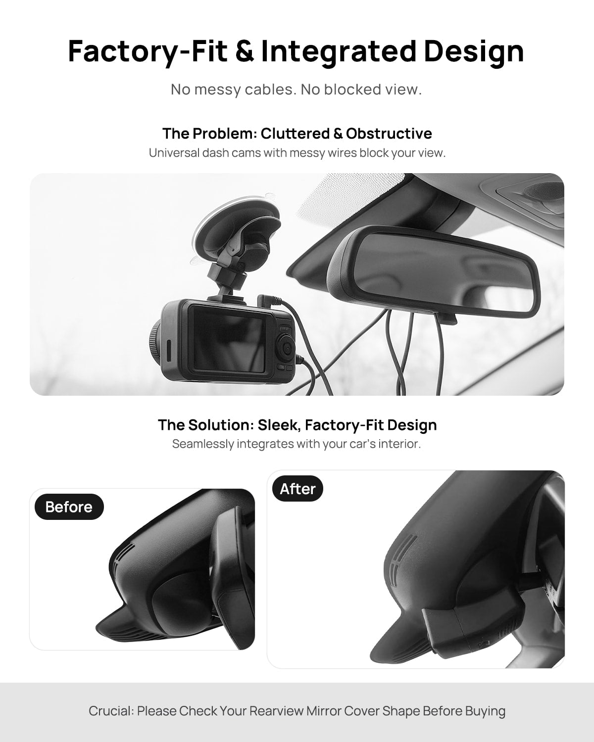 Before vs after installation on Volvo V40 2013-2019: integrated front & rear dash cam behind mirror cover for a cleaner, unobstructed view
