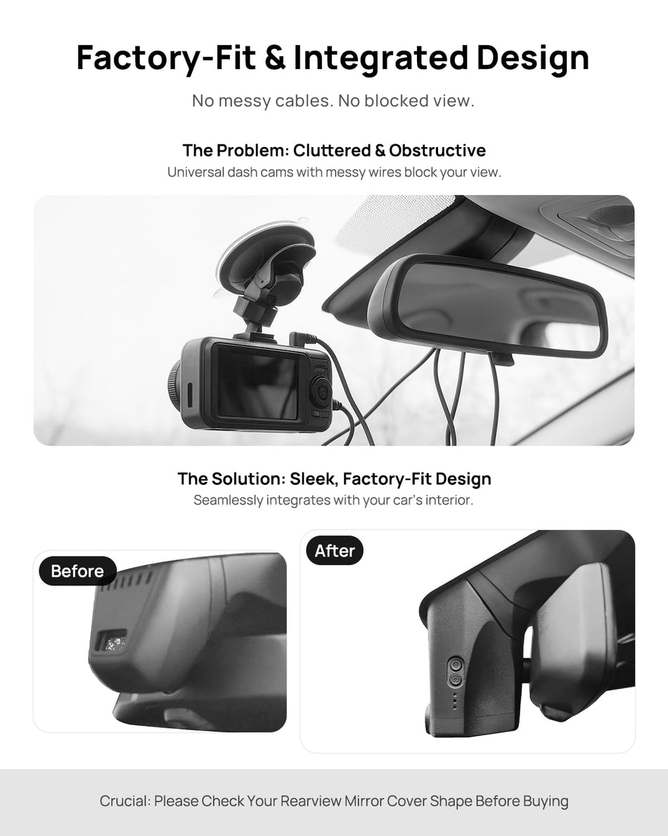 Before vs after installation on BMW 5 Series G30 G31 2018-2020: integrated front & rear dash cam behind mirror cover for a cleaner, unobstructed view