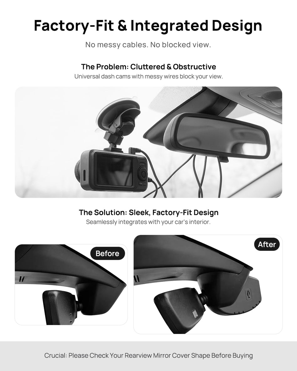 Before vs after installation on Honda Civic 11th 2022-2025(Black): integrated front & rear dash cam behind mirror cover for a cleaner, unobstructed view