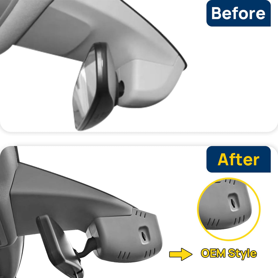 Vorher-Nachher Vergleich: Xplywi 1080P Frontkamera Dashcam Kompatibel mit Volkswagen Taos Tharu 2022-2024, diskrete OEM-Installation