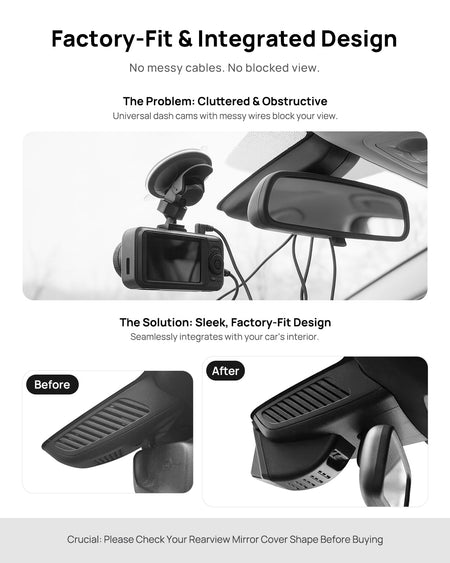 Before vs after installation on Mercedes-Benz A180 A200 A-Class W177 2019-2022: integrated dash cam behind mirror cover for a cleaner, unobstructed view