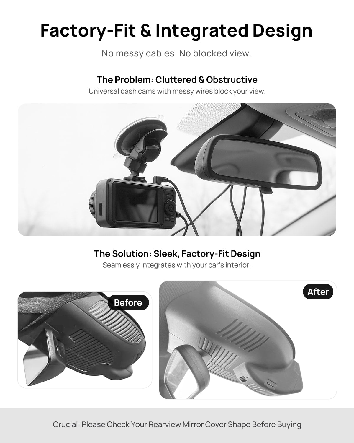 Before vs after installation on Mercedes-Benz EQA260 H243 2025: integrated front & rear dash cam behind mirror cover for a cleaner, unobstructed view
