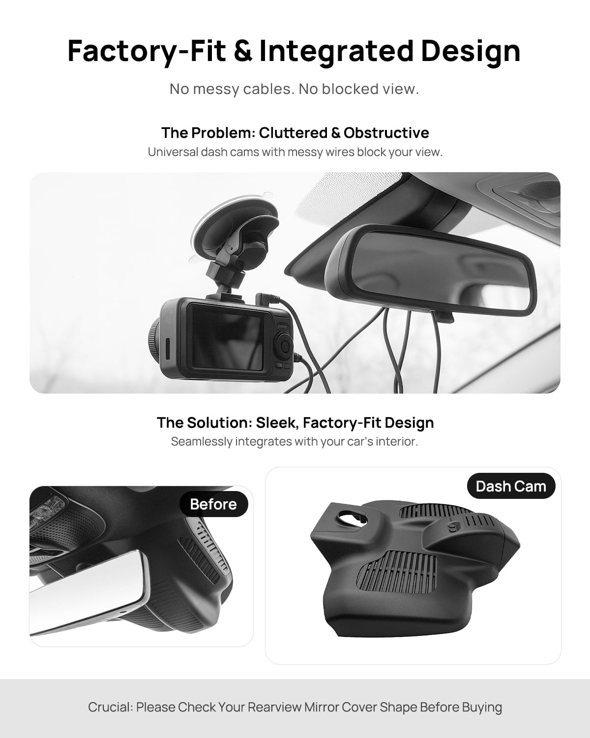 Before vs after installation on Mercedes-Benz AMG GT50 GT53 GT63 C192 2022-2024: integrated front & rear dash cam behind mirror cover for a cleaner, unobstructed view