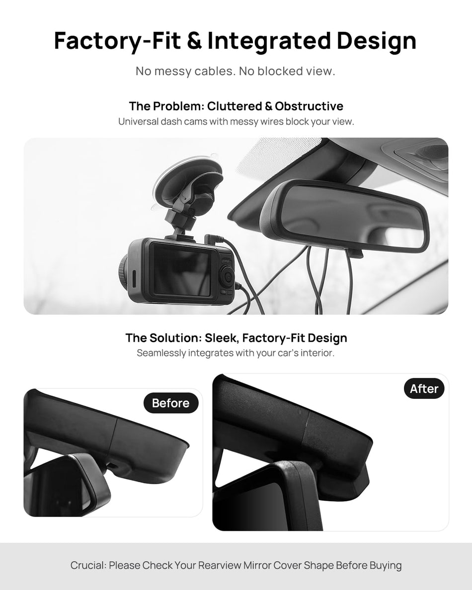 Before vs after installation on Cadillac CT6 2015-2019: integrated front & rear dash cam behind mirror cover for a cleaner, unobstructed view