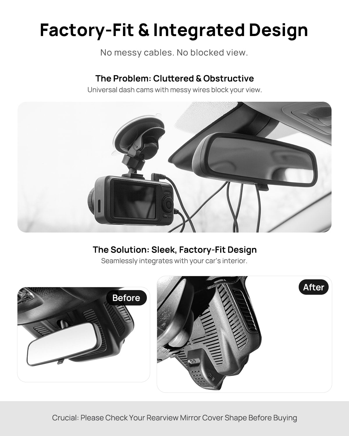 Before vs after installation on Mercedes-Benz GLA250 H247 2021: integrated front & rear dash cam behind mirror cover for a cleaner, unobstructed view