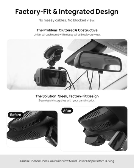 Before vs after installation on Mercedes-Benz AMG GT50 GT53 GT63 C190 2019-2021: integrated dash cam behind mirror cover for a cleaner, unobstructed view