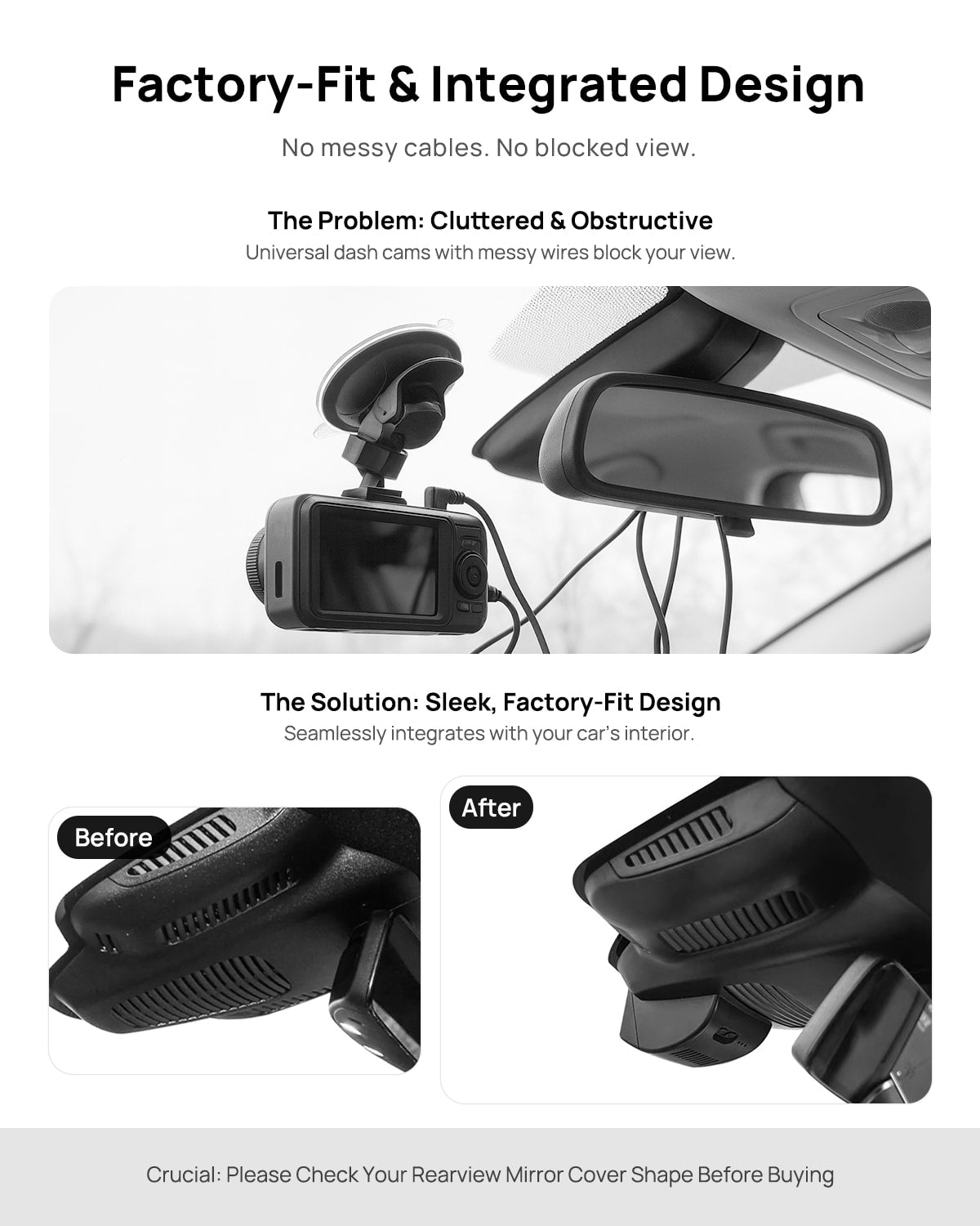 Before vs after installation on Mercedes-Benz AMG GT50 GT53 GT63 C190 2019-2021: integrated front & rear dash cam behind mirror cover for a cleaner, unobstructed view