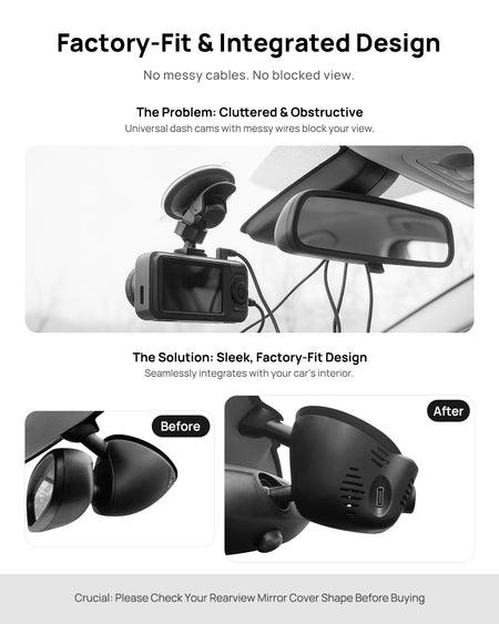 Before vs after installation on BMW MINI F56 F55 F57 2014-2023: integrated front & rear dash cam behind mirror cover for a cleaner, unobstructed view