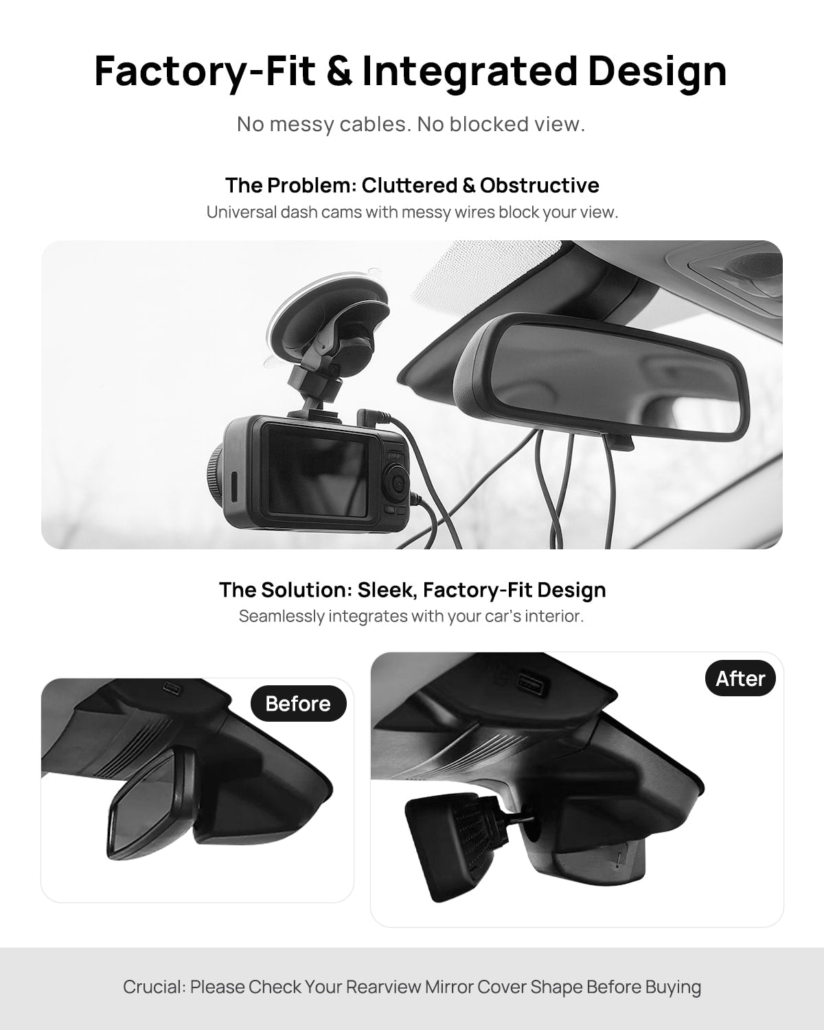 Before vs after installation on Lincoln Nautilus 2023: integrated front & rear dash cam behind mirror cover for a cleaner, unobstructed view