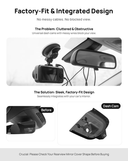 Before vs after installation on Volvo EX30 2024 2025: integrated front & rear dash cam behind mirror cover for a cleaner, unobstructed view