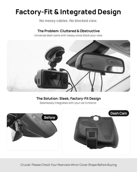 Before vs after installation on Mercedes-Benz S-Class S450 S450 W222 C217 A217 2021: integrated dash cam behind mirror cover for a cleaner, unobstructed view