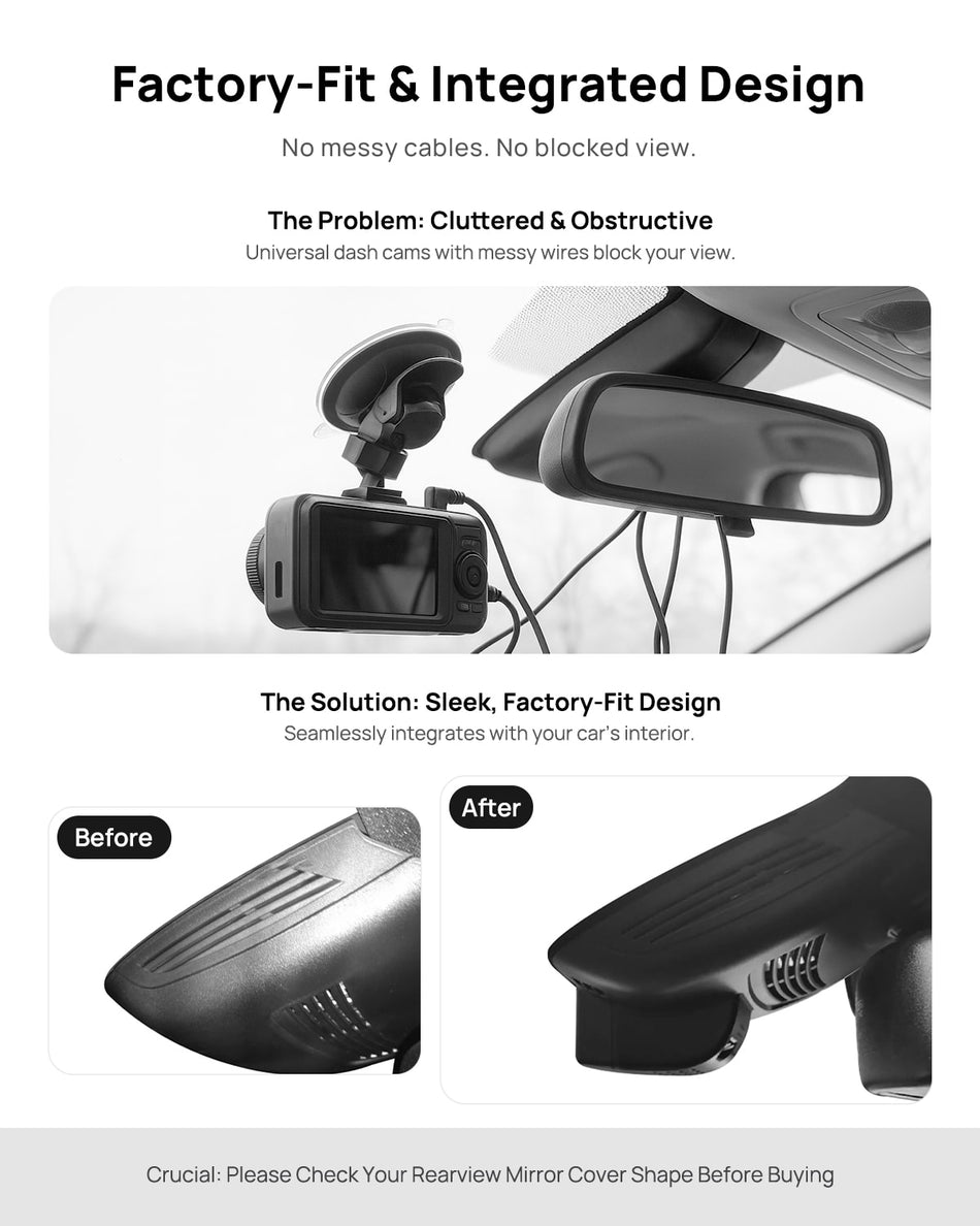 Before vs after installation on Mercedes-Benz CLS260 CLS320 CLS400 W218 2014-2016: integrated front & rear dash cam behind mirror cover for a cleaner, unobstructed view