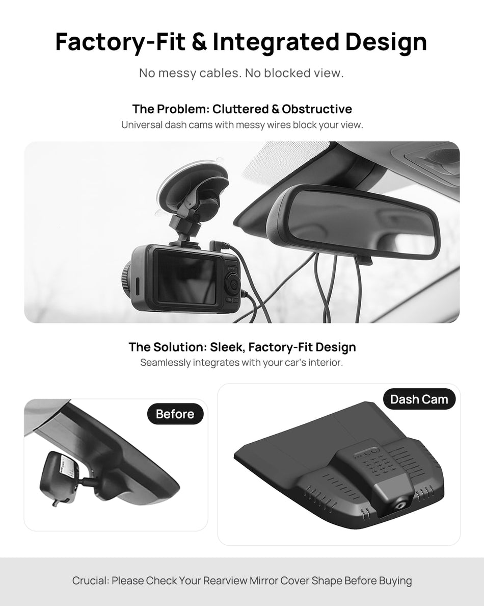 Before vs after installation on Ford Transit 2023-2024: integrated dash cam behind mirror cover for a cleaner, unobstructed view