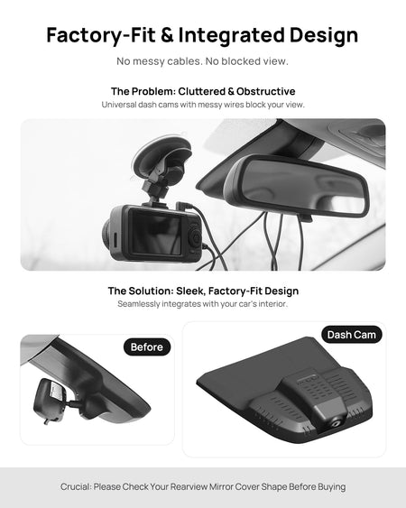 Before vs after installation on Ford Transit 2023-2024: integrated front & rear dash cam behind mirror cover for a cleaner, unobstructed view
