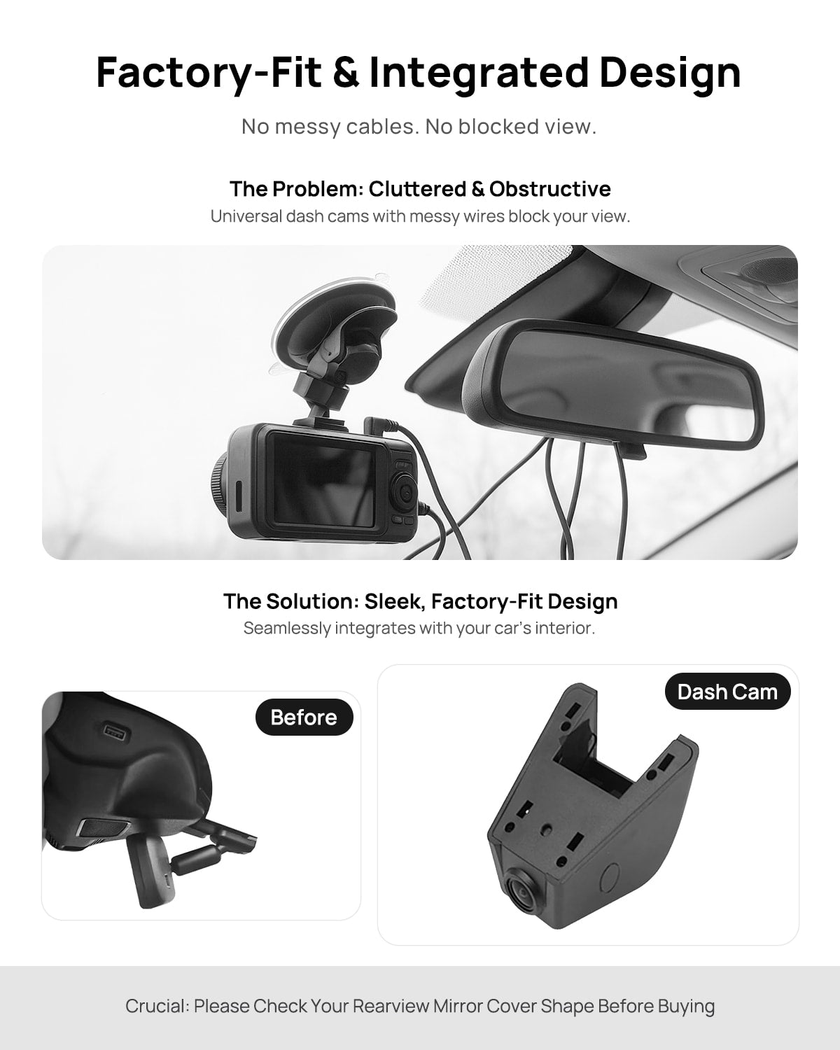 Before vs after installation on Lincoln Nautilus Aviator Corsair 2020 2021: integrated front & rear dash cam behind mirror cover for a cleaner, unobstructed view