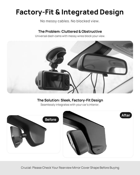Before vs after installation on BMW Z4 G29 2019: integrated front & rear dash cam behind mirror cover for a cleaner, unobstructed view