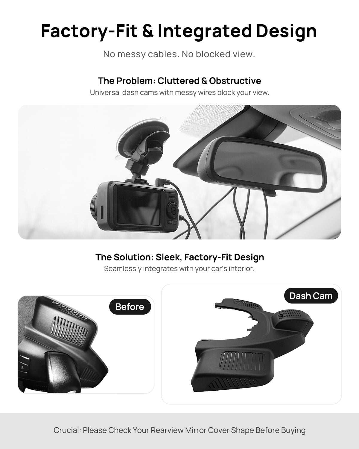 Before vs after installation on Mercedes-Benz GLE500 W166 2015-2018: integrated dash cam behind mirror cover for a cleaner, unobstructed view