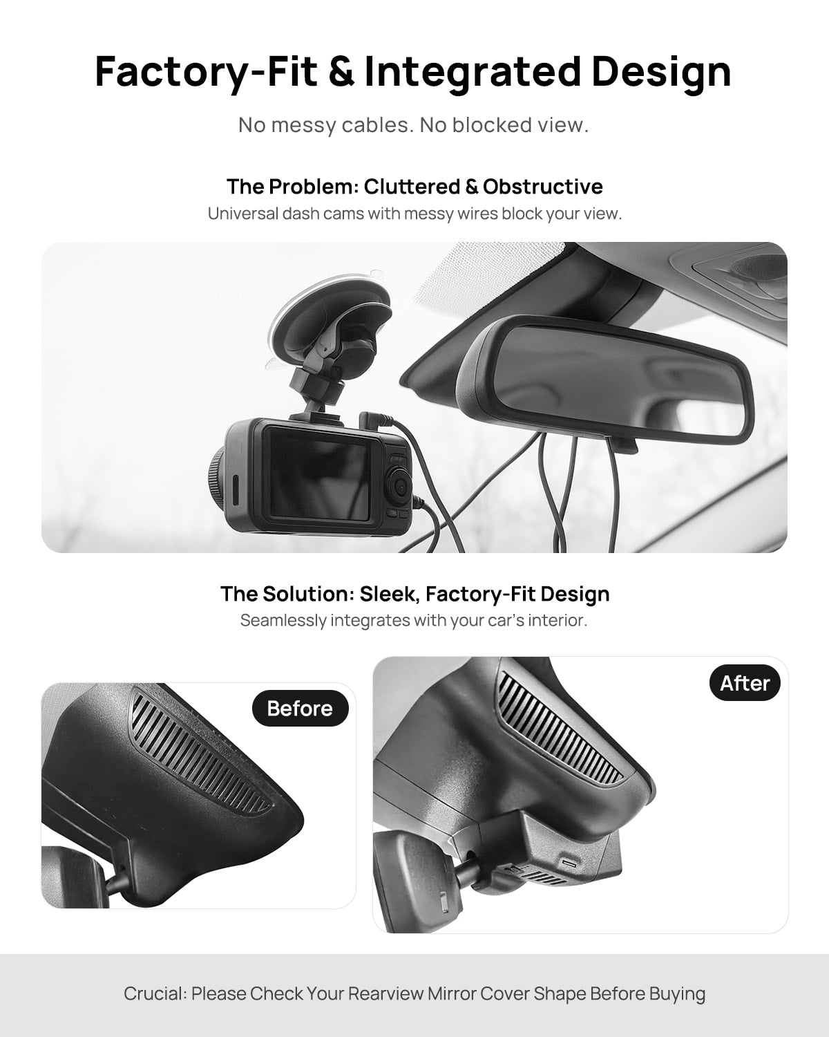 Before vs after installation on Hongqi HS5 2019-2022: integrated dash cam behind mirror cover for a cleaner, unobstructed view