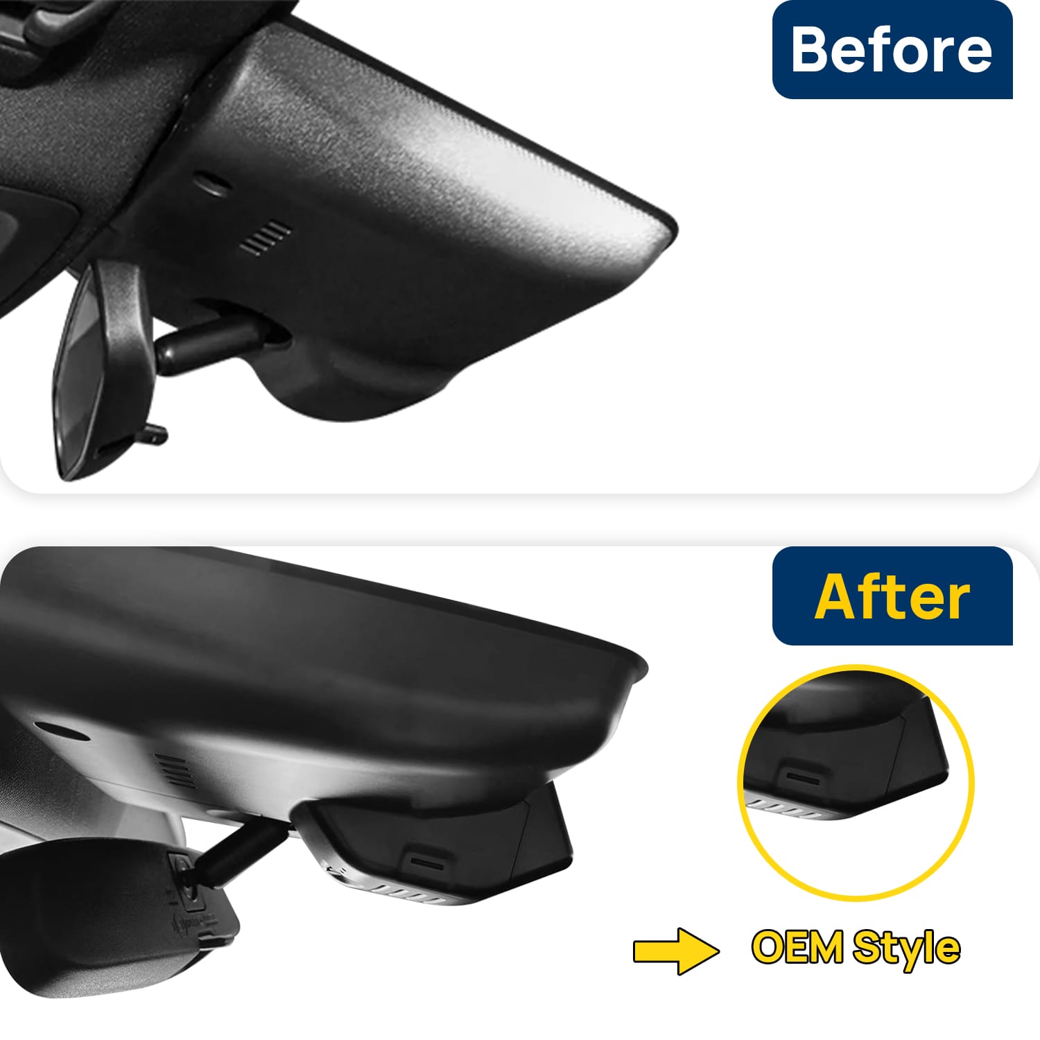 Vorher-Nachher Vergleich: Xplywi 4K Frontkamera Dashcam Kompatibel mit Cadillac CT5 2019-2022, diskrete OEM-Installation