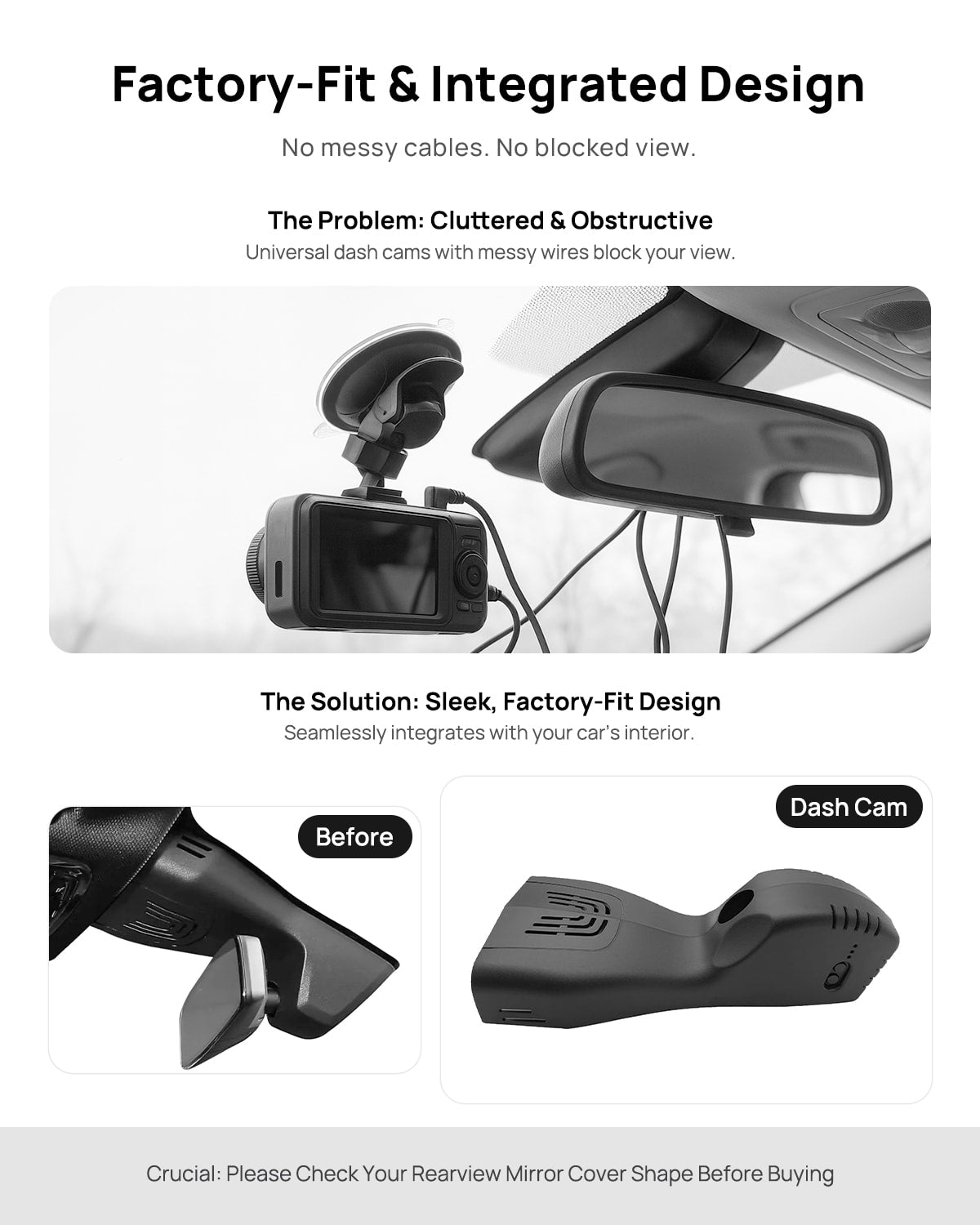 Before vs after installation on BMW X6 G06 2020-2023: integrated dash cam behind mirror cover for a cleaner, unobstructed view