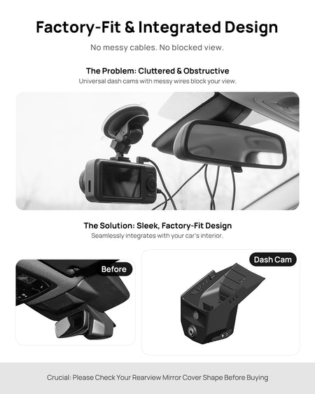 Before vs after installation on Volkswagen Touran Pro 2025: integrated dash cam behind mirror cover for a cleaner, unobstructed view