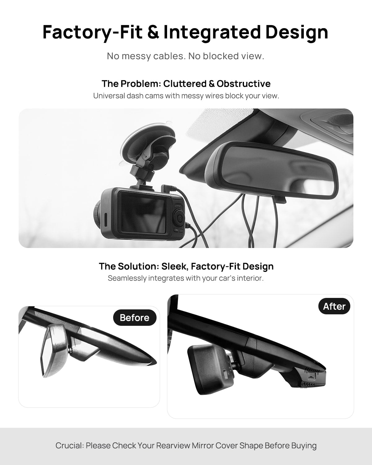 Before vs after installation on Ford Escape Kuga 2015-2019: integrated front & rear dash cam behind mirror cover for a cleaner, unobstructed view
