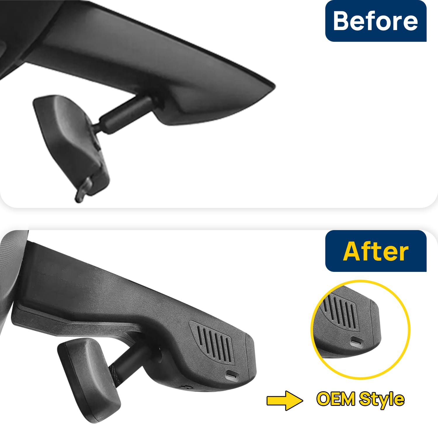 Vorher-Nachher Vergleich: Xplywi 1080P Frontkamera Dashcam Kompatibel mit Cadillac XT5 2015-2019, diskrete OEM-Installation