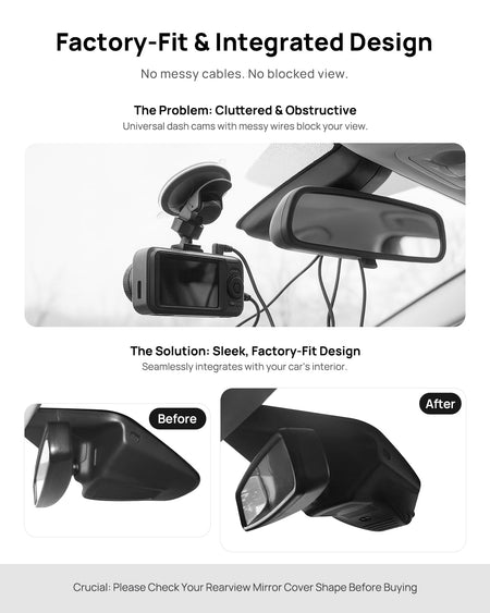 Before vs after installation on Ford Taurus 2019-2022: integrated front & rear dash cam behind mirror cover for a cleaner, unobstructed view