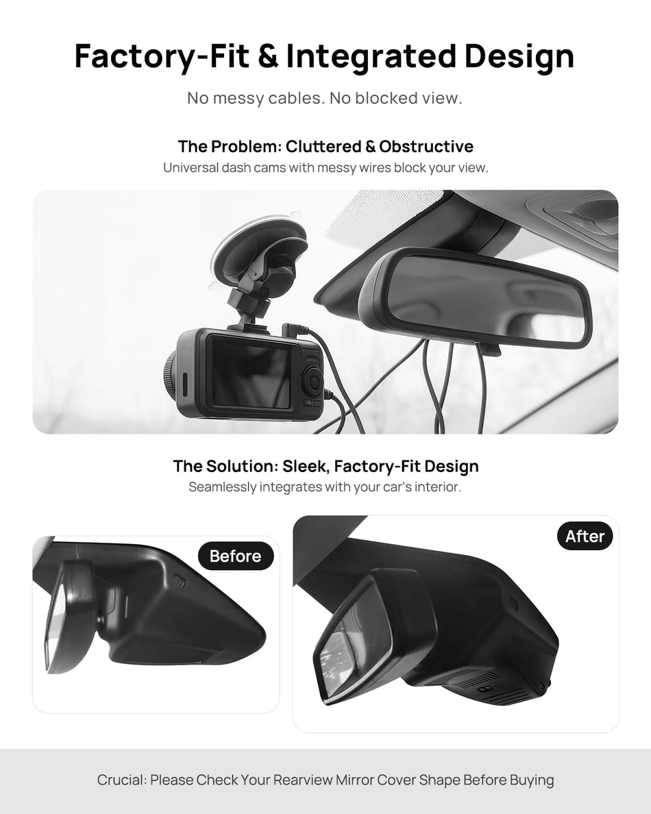 Before vs after installation on Ford Taurus 2019-2022: integrated dash cam behind mirror cover for a cleaner, unobstructed view