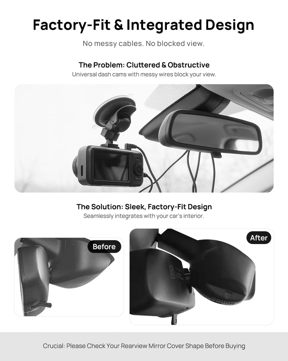 Before vs after installation on Jeep Cherokee 2015-2018: integrated dash cam behind mirror cover for a cleaner, unobstructed view