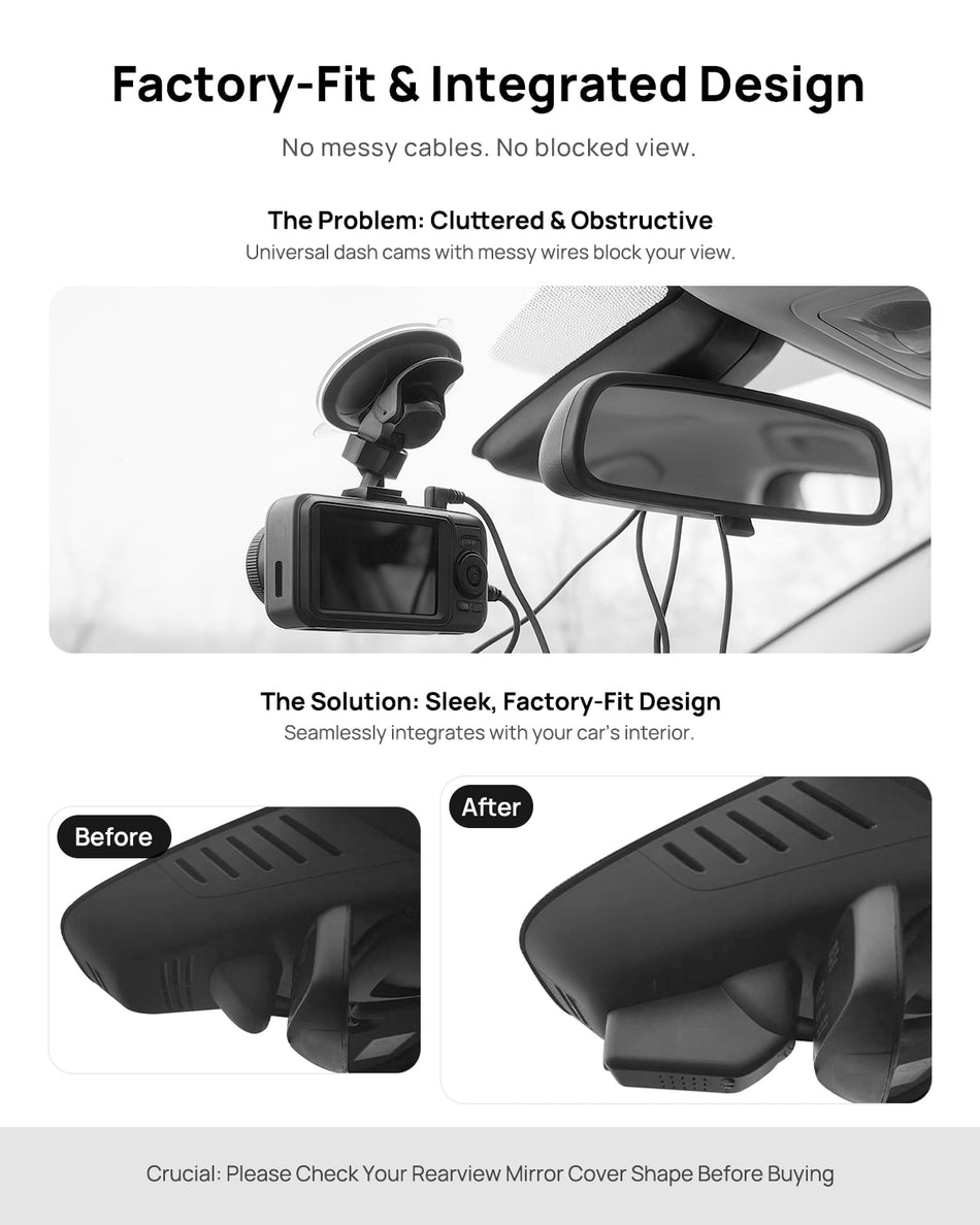 Before vs after installation on Volvo V90 XC60 S90 2022-2025 B5 B6 T8: integrated front & rear dash cam behind mirror cover for a cleaner, unobstructed view