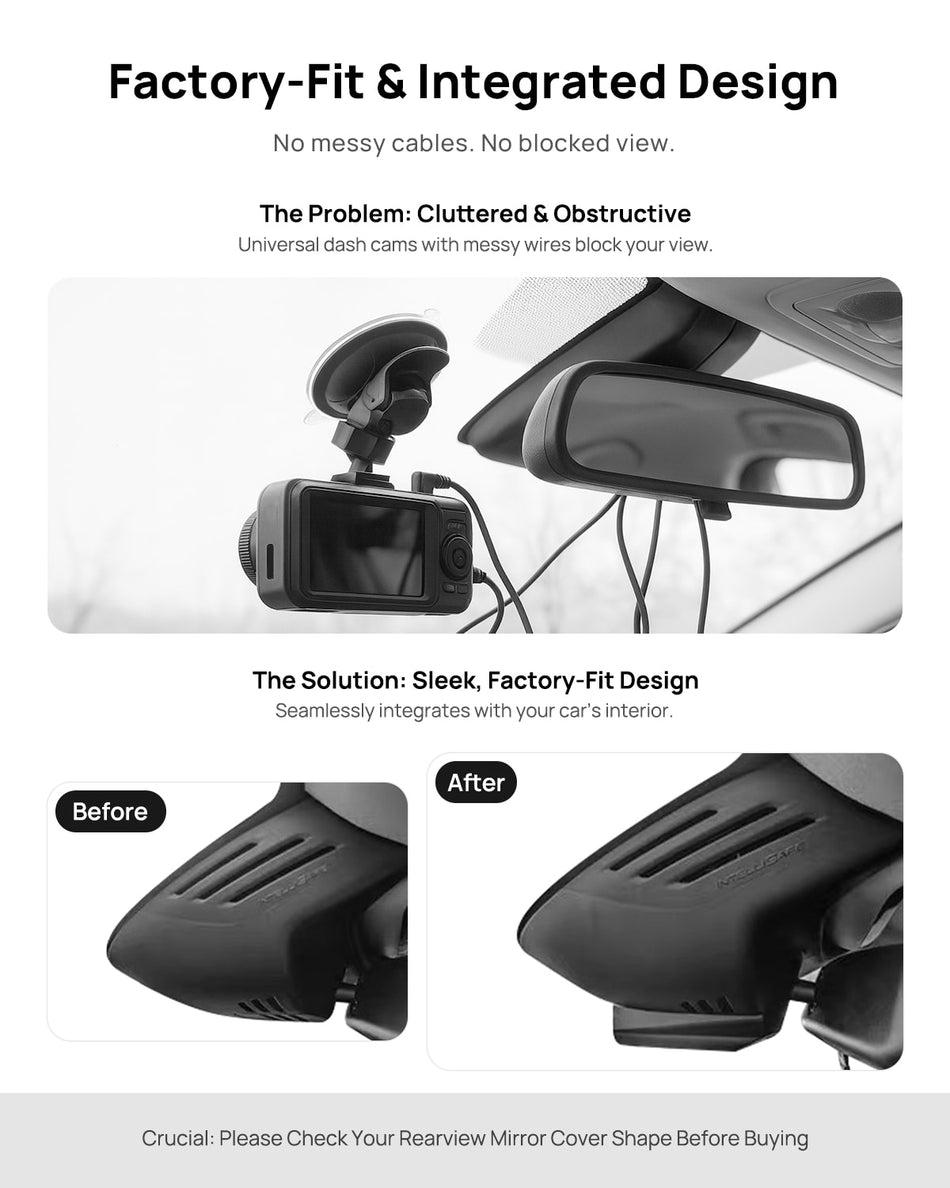 Before vs after installation on Volvo XC40 2019-2022: integrated front & rear dash cam behind mirror cover for a cleaner, unobstructed view