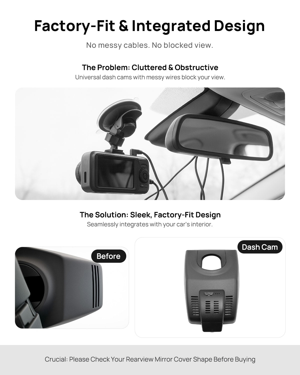 Before vs after installation on Toyota RAV4 Venza 2021-2025: integrated front & rear dash cam behind mirror cover for a cleaner, unobstructed view