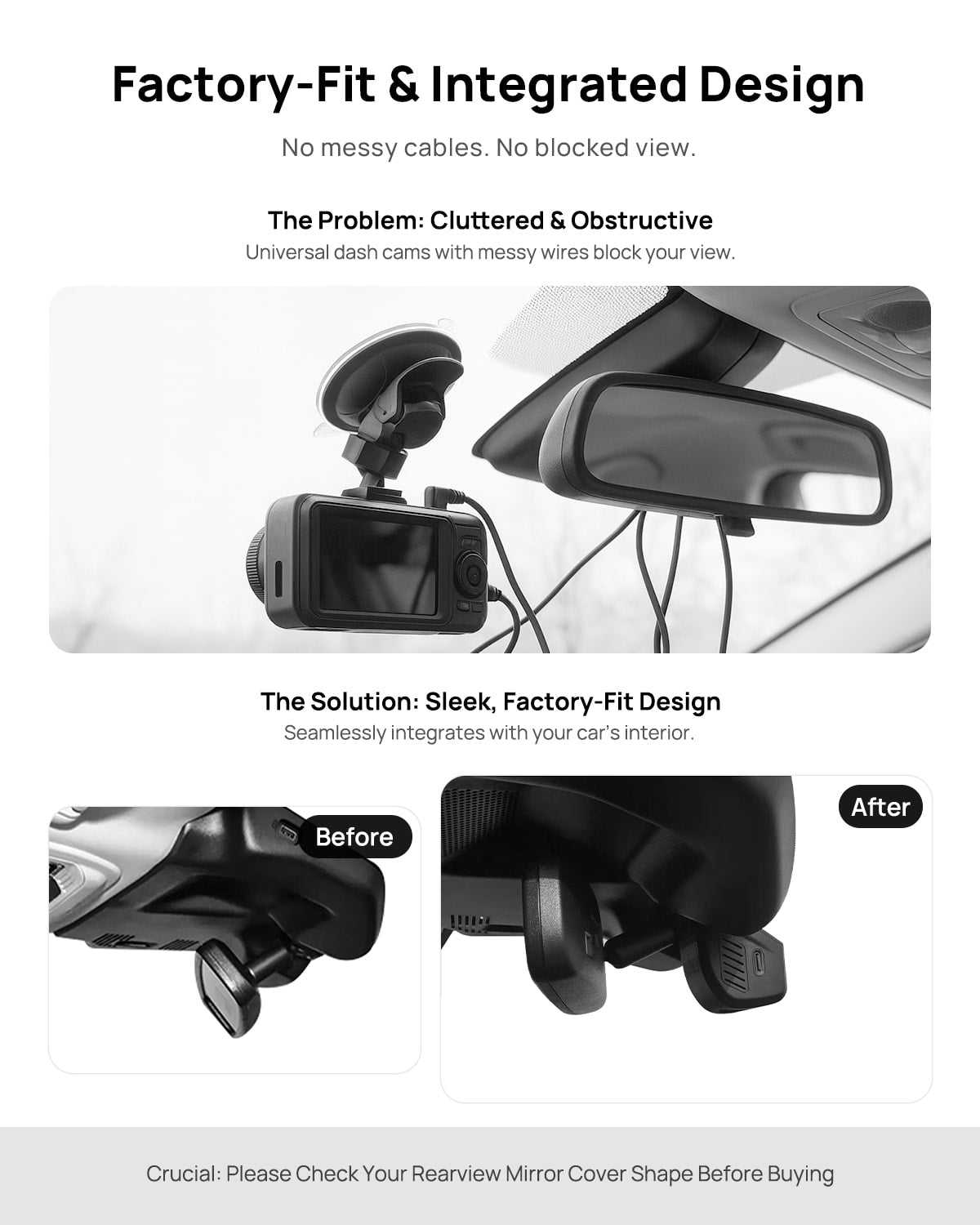 Before vs after installation on Lincoln Corsair Navigator Aviator 2022 2023: integrated dash cam behind mirror cover for a cleaner, unobstructed view