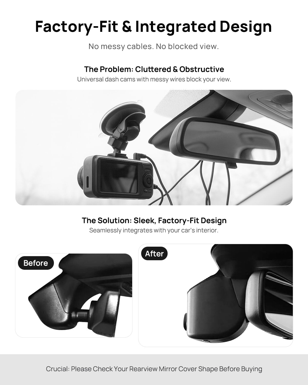 Before vs after installation on Porsche Macan 95B Panamera 970 Cayenne 958 92A E2: integrated front & rear dash cam behind mirror cover for a cleaner, unobstructed view