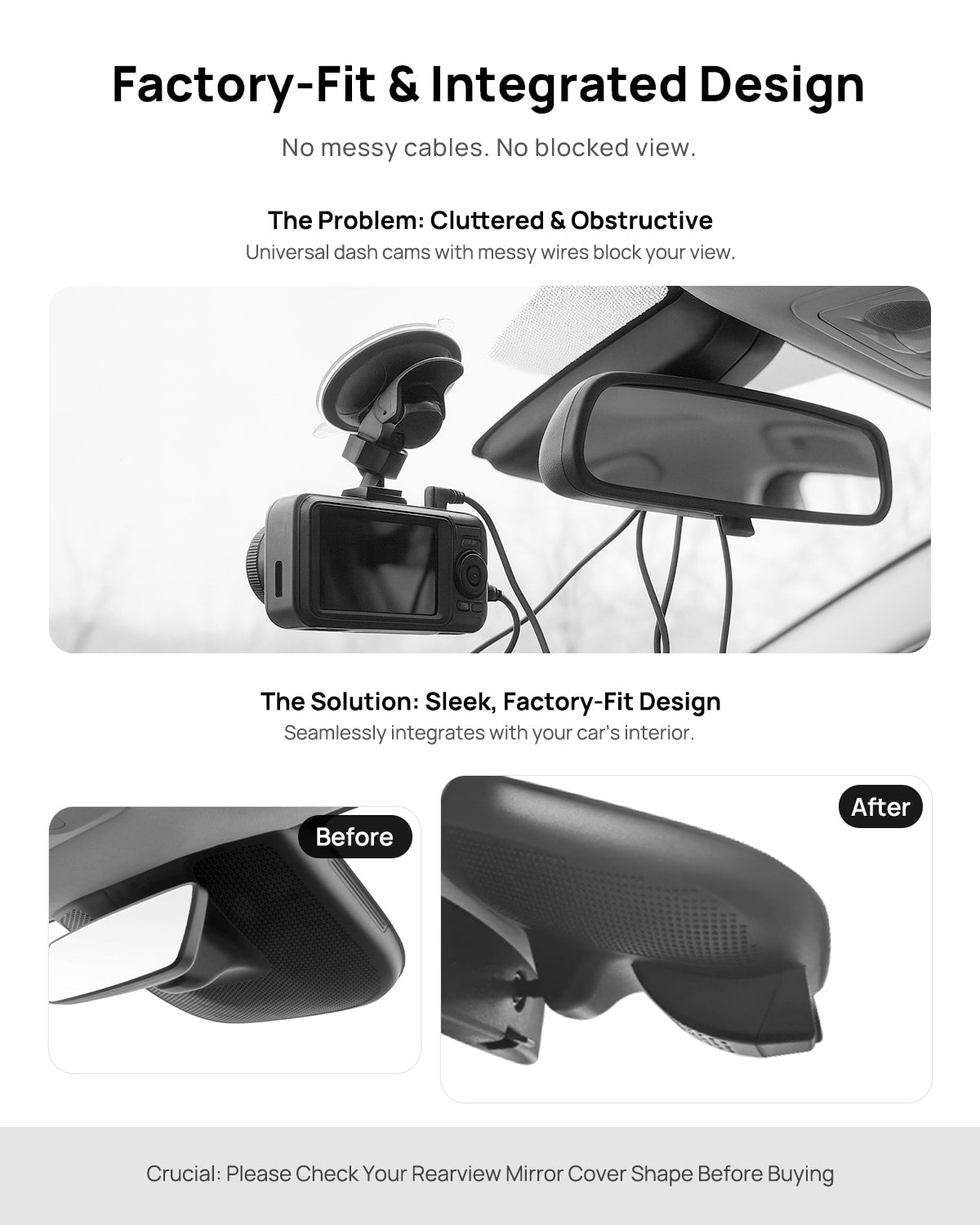 Before vs after installation on GAC AION RT 2025: integrated dash cam behind mirror cover for a cleaner, unobstructed view