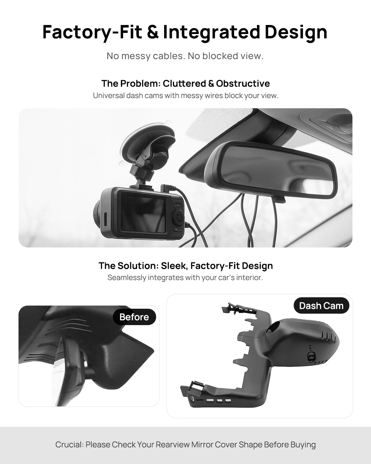 Before vs after installation on BMW M4 Coupe G82 2022: integrated dash cam behind mirror cover for a cleaner, unobstructed view